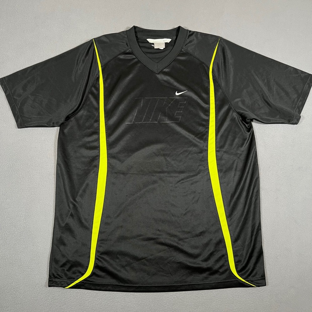 Vintage Nike T-Shirt Athletic‎ Training Top Black Yellow Swoosh Logo Mens L Y2K
